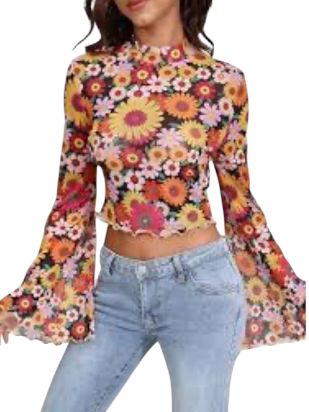 WOMENS FLORAL CROPPED HIPPIE Y2K BELL SLEEVE  TOP SZ SM EUC - Picture 2 of 9